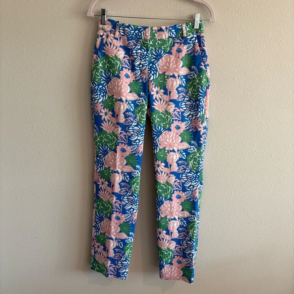 Tory Burch Sport Printed Tech Twill Golf Pants Women’s 0 Ribbon Bouquet Blue